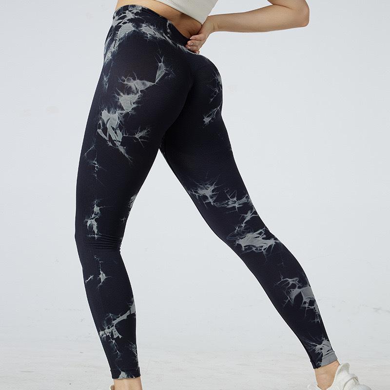 Bezešvé legíny na jógu s vysokým pasem a batikou - Zeštíhlující, design broskvového pozadí, vysoká elasticita, trendy fitness kalhoty.