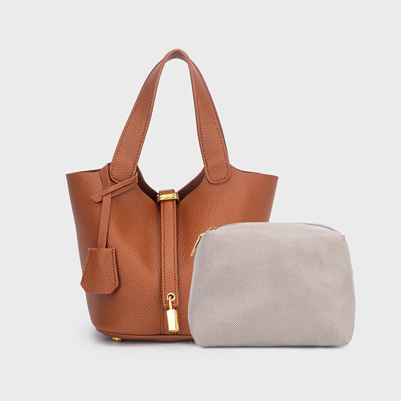 Shoulder Bucket Bag Women Litchi Pattern Mini Basket Tote Soft Handbag Mommy Bride Wedding Large Lady Hand BagBags with Lock коричневый 2380₽