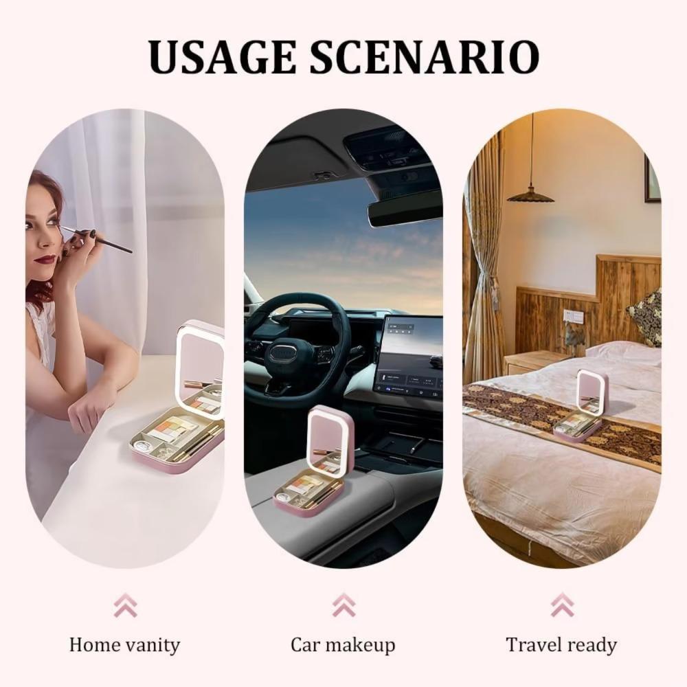 Mini LED Makeup Mirror USB Rechargeable Leather Case Jewelry Case Touch Control 360° Rotation Cosmetic Storage