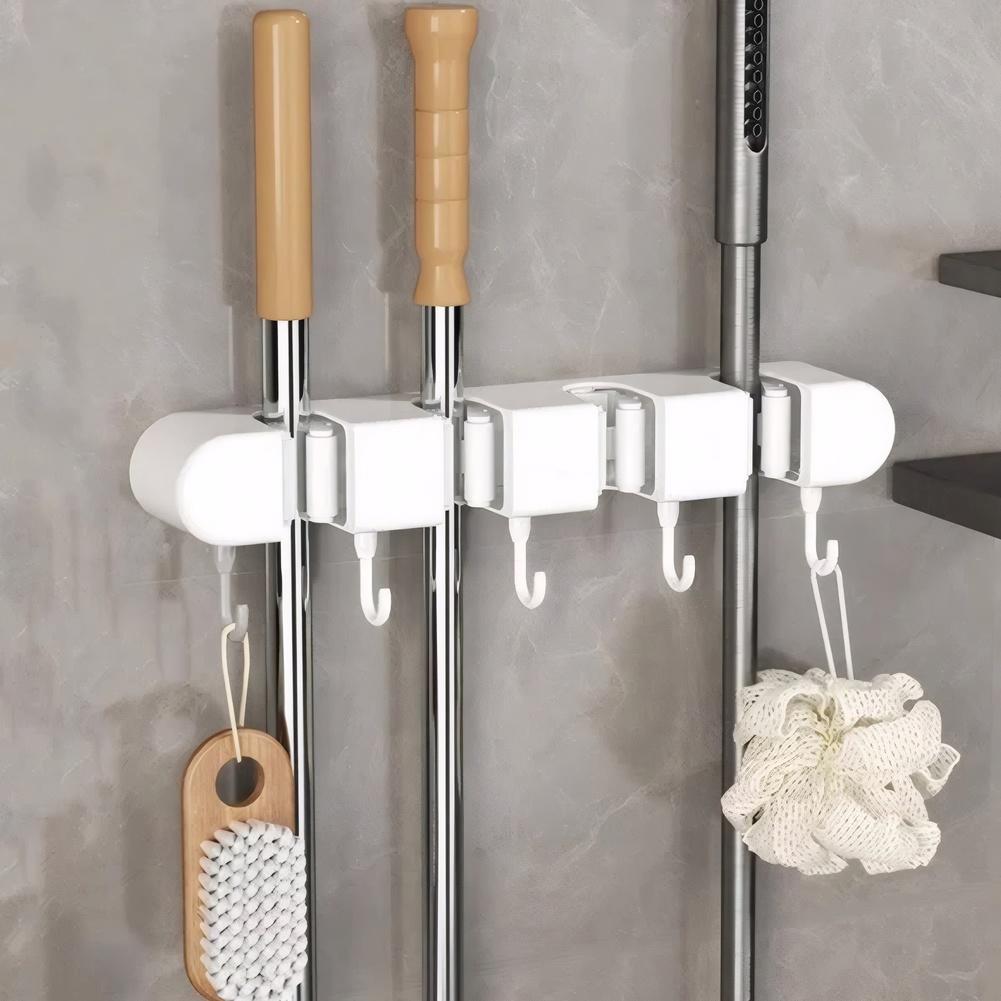 Mop Hook Hanging Broom Clamp Holder Multifunctional Mop Wall Hanging Rack Self-Adhesive with 4 Slots & 5 Hooks for Garden Garage