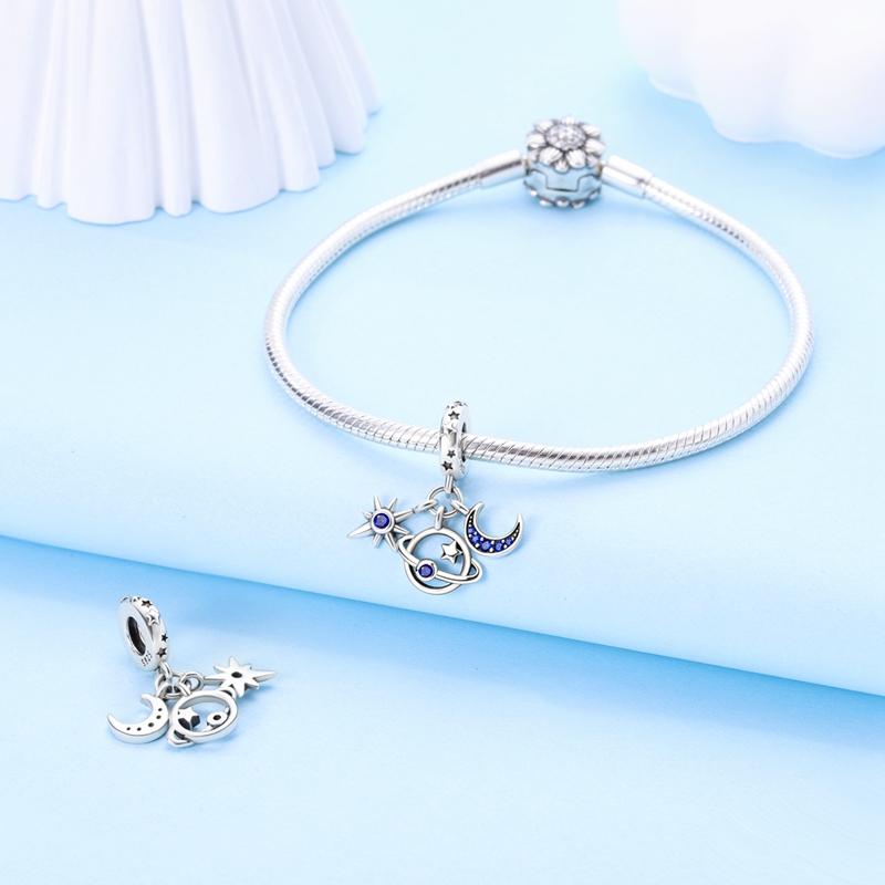 Charms Copper Blue Starry Sky Planet Star Moon Pendants Fit Charms Plata Original Bracelet Women Jewellery Making Gifts