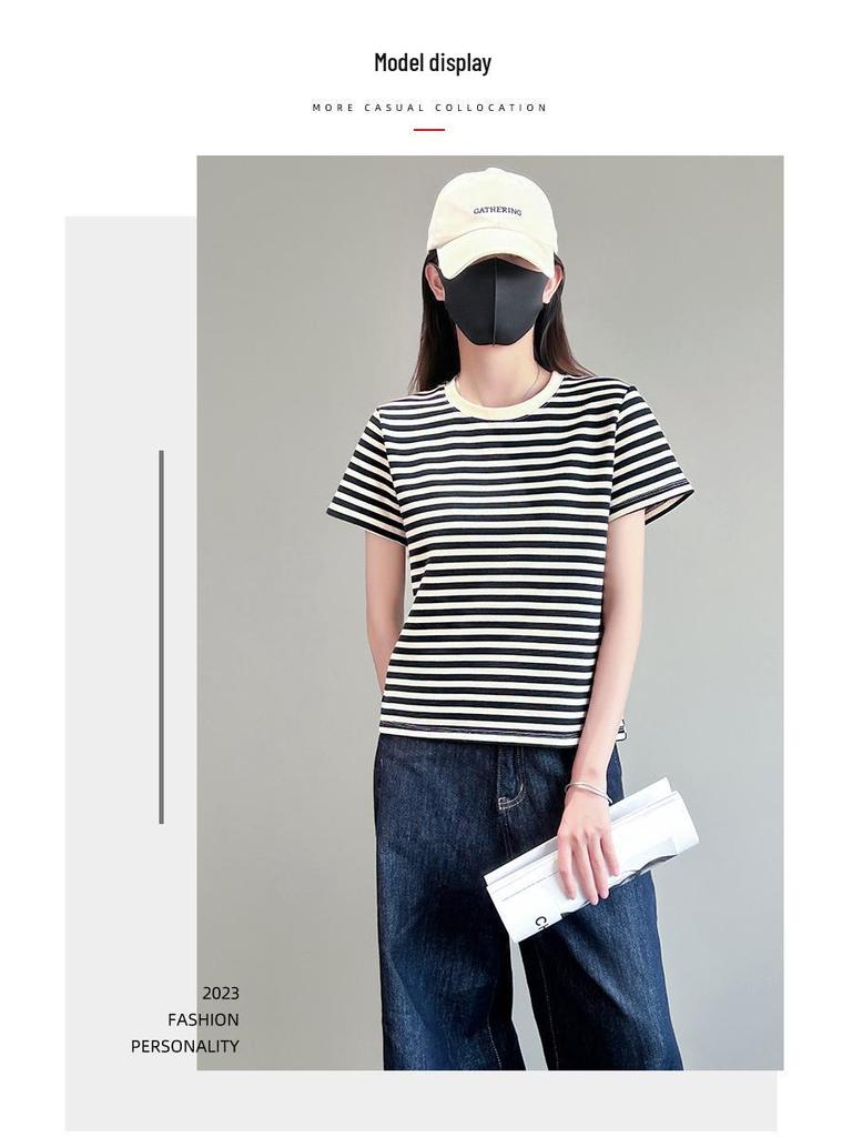 Women's High-End Hong Kong Style Black & White Striped Loose Summer T-Shirt