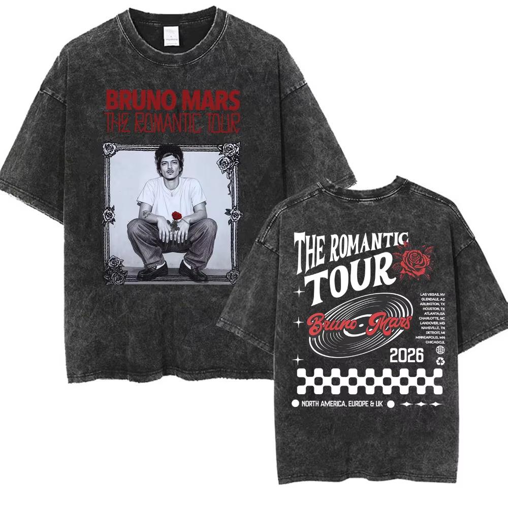 Bruno Mars The Romantic Tour 2026 Vintage Gewassen T-shirt Mannen Vrouwen Mode Hip Hop Pop Muziek T-shirt Zomer Casual Katoenen T-shirt