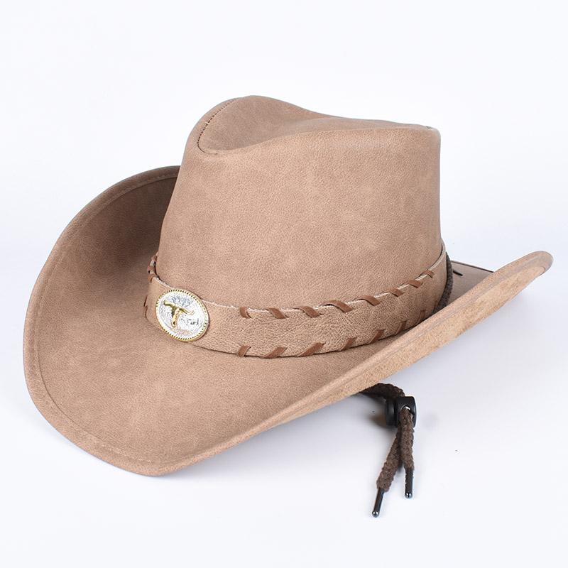 Classic Western Men's Cowboy Hat Women Cowgirl Cap Faux Leather Black Outdoor Gentleman Sombrero Hombre With Windproof Rope