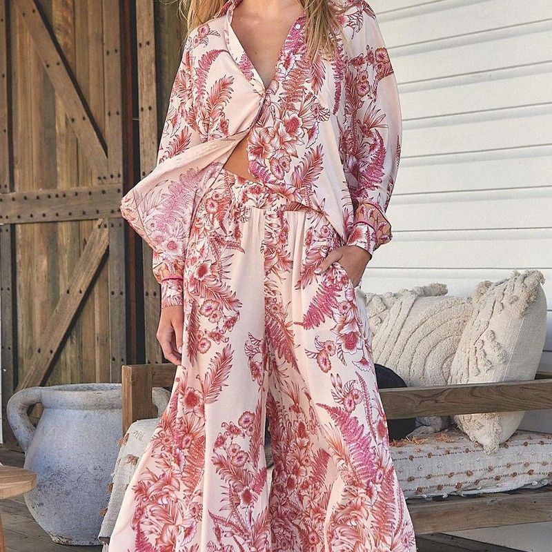 

Fashion Long Sleeve Print Shirt Pants Two-piece Set Long Sleeve Printed Two-Piece Set Red S