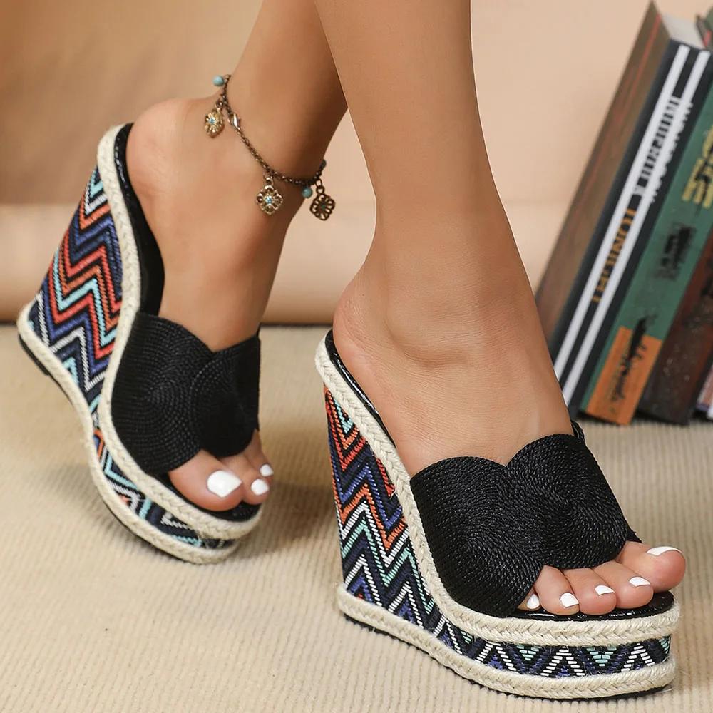 Fashion 2025 Summer Women's Platform Wedges Straw Sandals Chunky Platform Casual Mules Sandals Walking Comfy Beach Shoes Big Size 43