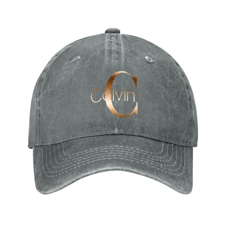 Calvin Logo Embroidered Washed Cotton Baseball Cap Classic Black Adjustable Hat with Gold Lettering Fashionable Casual Headwear