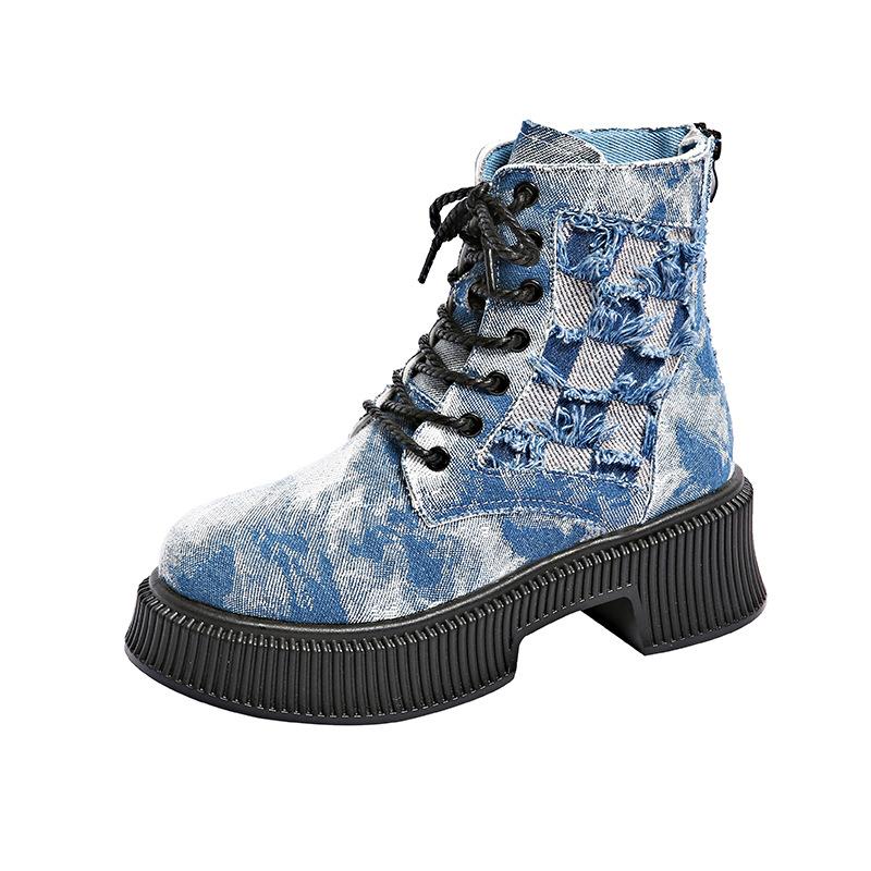Autumn and Winter Denim Retro Martin Boots Thick-soled Front Lace-up Tooling Locomotive Round Head Women's Short Boots