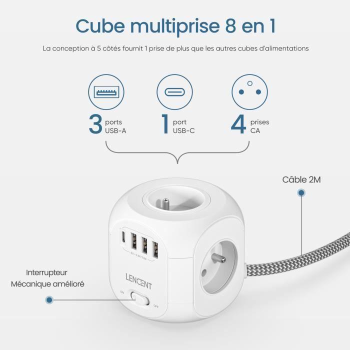 Lencent bloc multiprise 3 ports usb a +1 ports usb c chargeur et 4 prises 10a 2500w avec interrupteur, tressé câble 2m