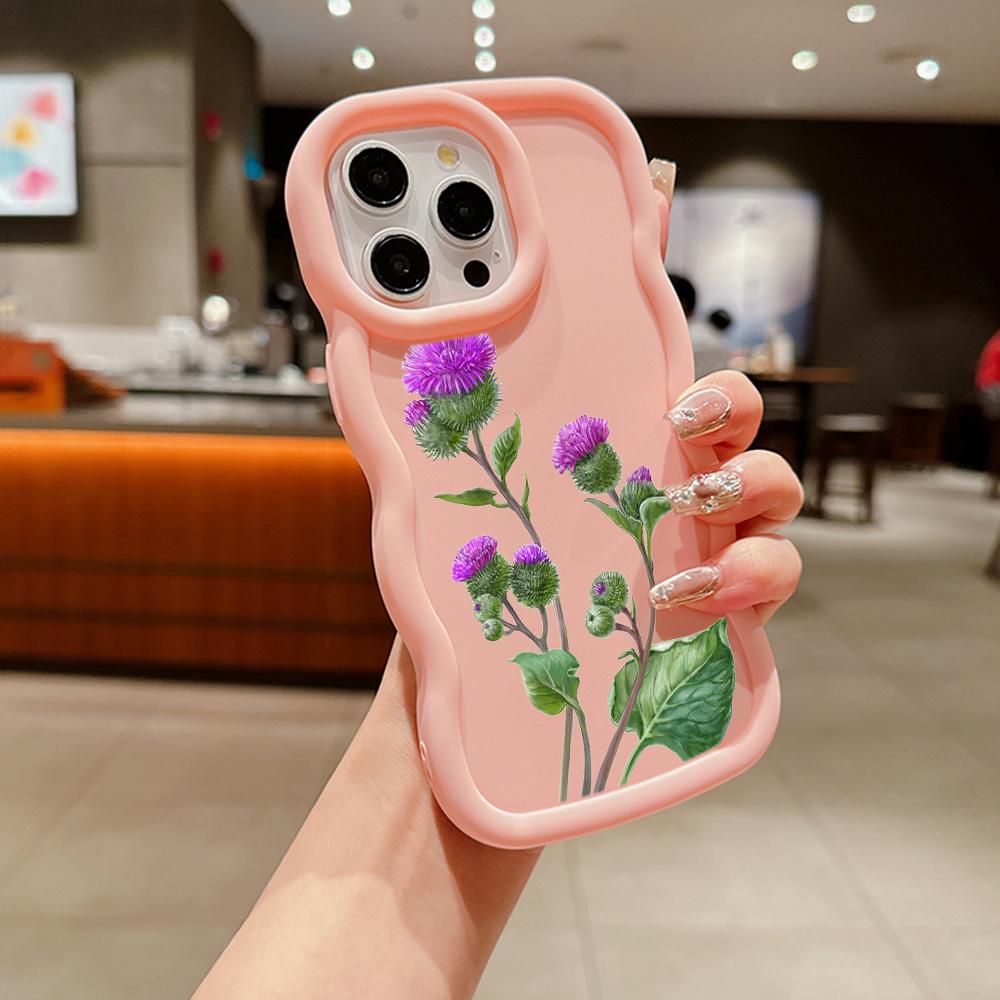 N75 Butterflies Flowers Macaron Wavy Edge Phone Cases for iPhone 15 Pro Max Samsung A54 A14 S23 S24 S23 Ultra S21 Redmi Note 13 Pro Shockproof Cover