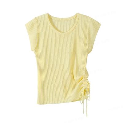 2026 Korean Style Women's Slim Fit Ice Silk Drawstring Knit Top - Short Sleeve Fashion Tee