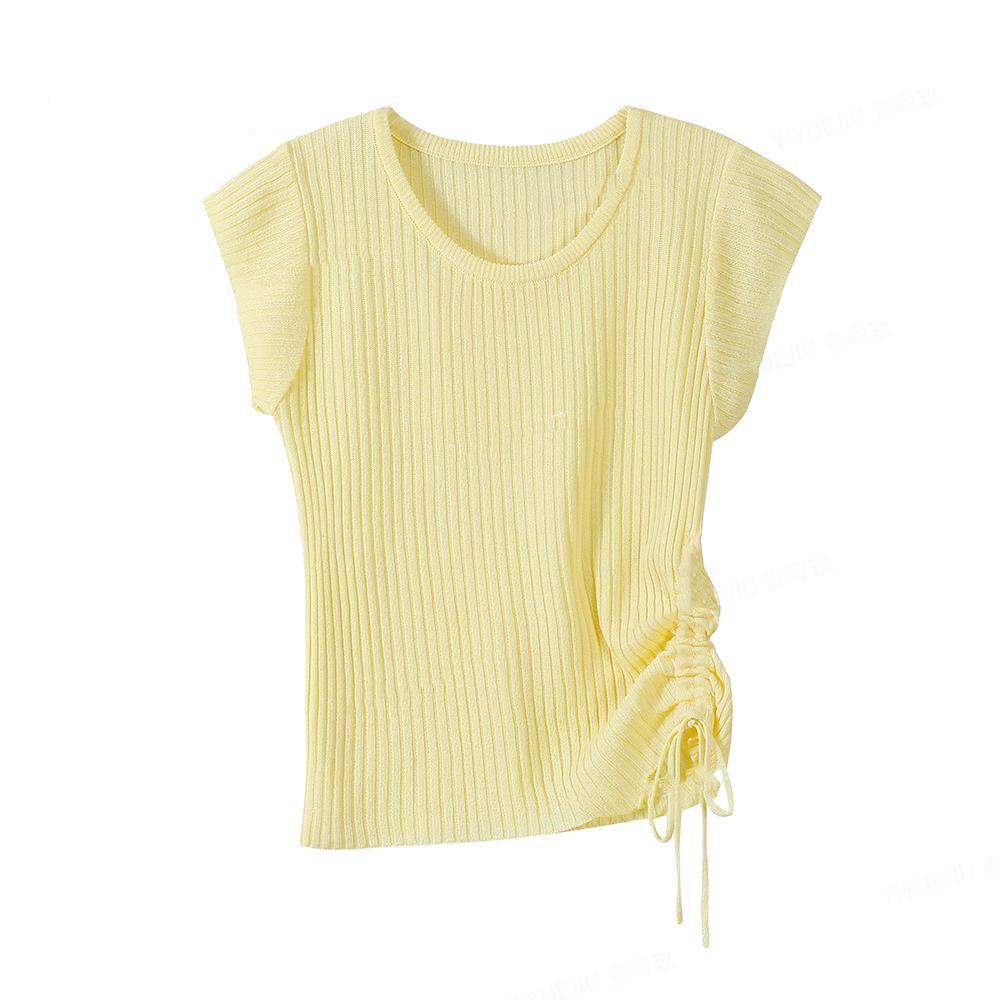 2026 Korean Style Women's Slim Fit Ice Silk Drawstring Knit Top - Short Sleeve Fashion Tee