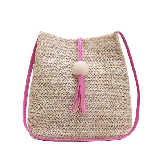 Summer Beach Women Straw Weave Handbag Wooden Ball Tassel Tote Shoulder Bag