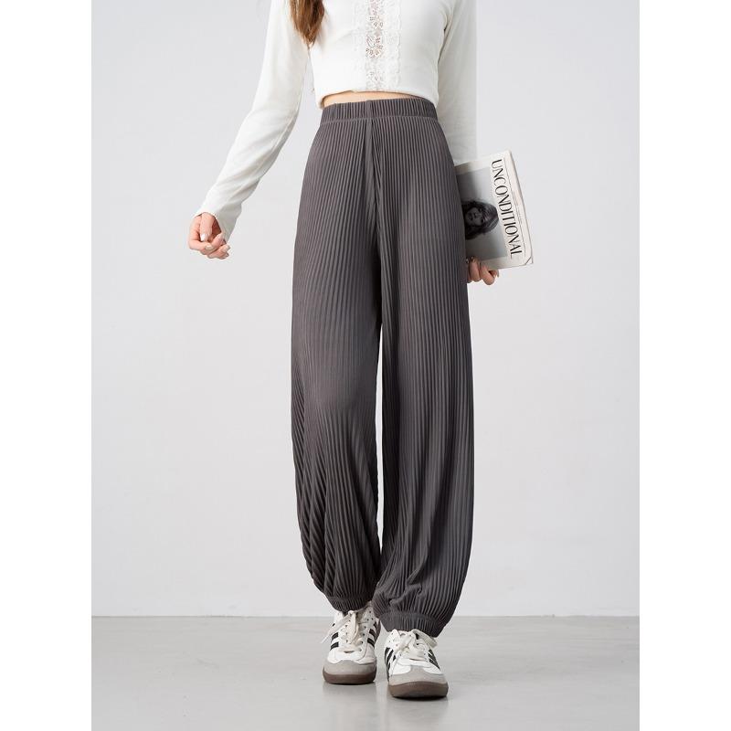 Summer ice silk pleated wide-leg pants new versatile loose and thin nine-point tied feet sports casual pants children