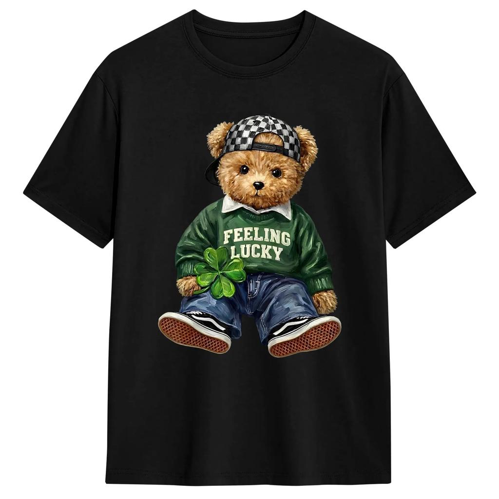 Men's T-Shirts Cute Funny Teddy Bear Feeling Lucky Drinking St Patricks Day Creative Pure Cotton Tees Short Sleeve Tops