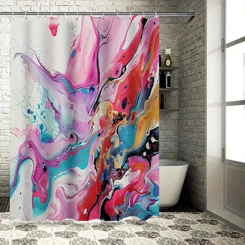 Abstract Colorful Shower Curtain with Fluid Art Design for Bathroom Decor Pink Blue White Red Yellow Black Orange Modern Polyest