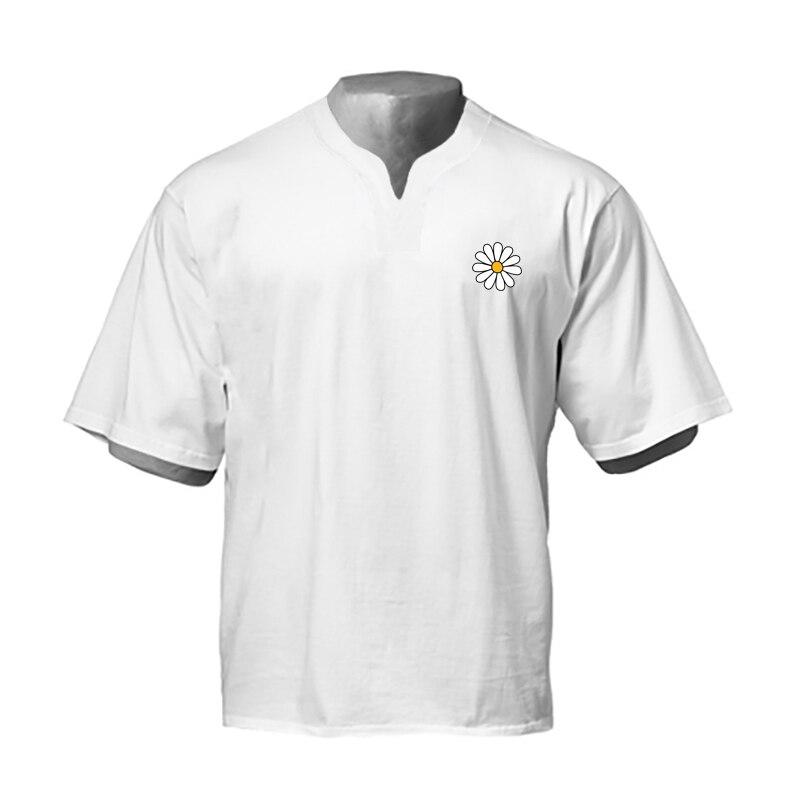 Muscleguys Мужская свободная повседневная футболка с цветочным принтом Фитнес Генри Вырез Спорт Короткий рукав XXL белый