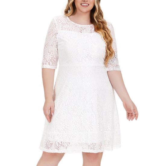 Women O-neck 3/4 Sleeve Dress High-Waist Hollow Lace Stitching Elegant Party Dress Plus Size Summer Casual Tunic Dress Streetwear