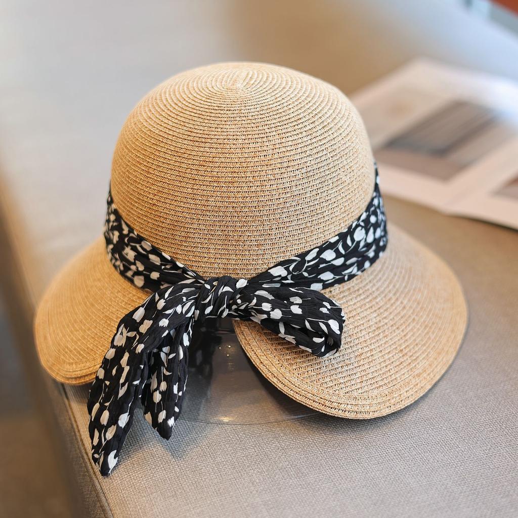 Gentle wind floral streamer after split straw woven bucket hat spring and summer sun protection seaside vacation sun hat women