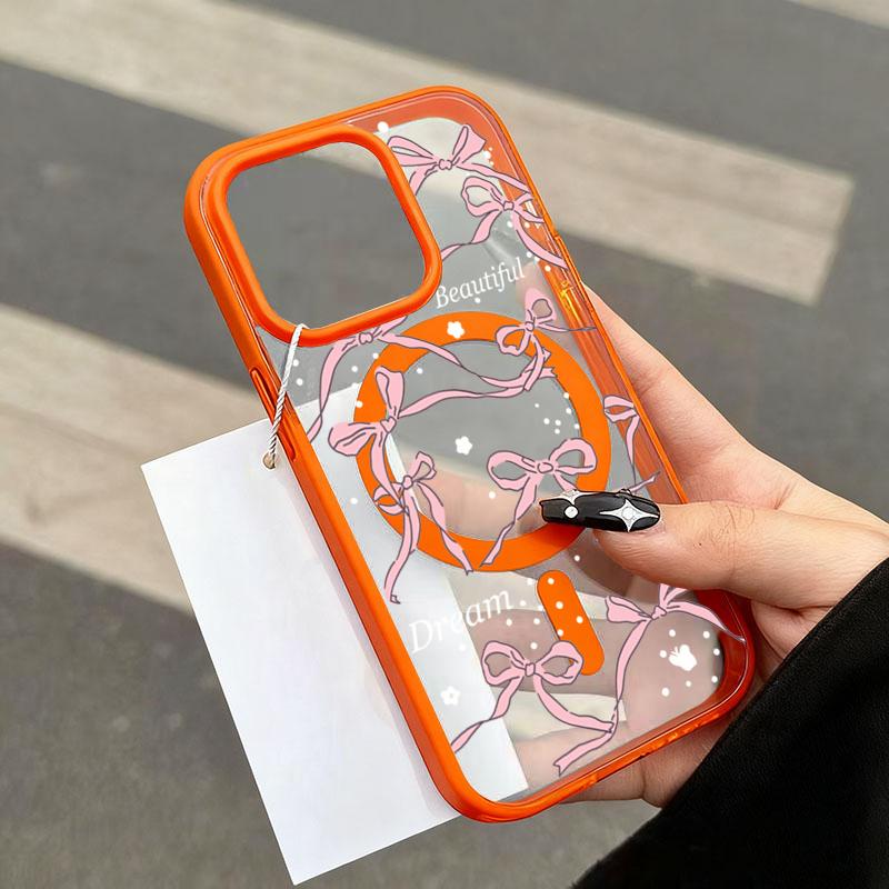 

Phone Case For iPhone 11 12 13 14 15 16 17 Pro Max 16 Plus 16E 17 Air With Pink Bow For Magsafe Wireless Charging Magnetic Cover iPhone 12 помаранчевий