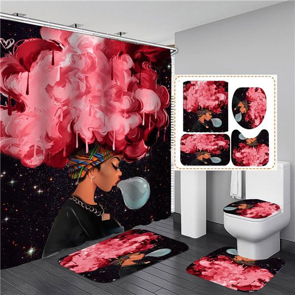 4PCS Full Set Bathroom Curtain Set Elegant African Black Woman Shower Curtain Hooks Modern Bath Mat Toilet Lid Cover Anti-slip Bath Mats