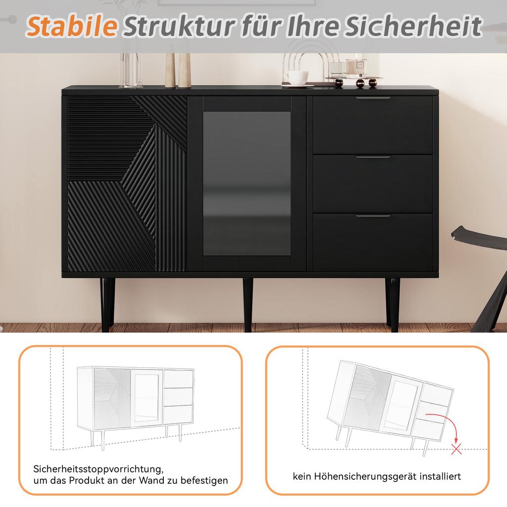 Sideboard with 3 Drawers and 2 Doors, Chest of Drawers with Glass Door and Metal Feet, Buffet for Dining Room, Living Room or Hallway, 120x38 X79.5 Cm, Black