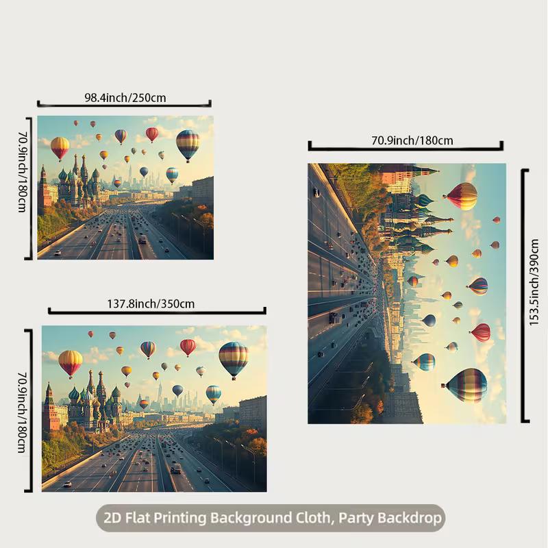 2D European City Backdrop Moscow Cathedral with Colorful Hot Air Balloons Party Photo Background