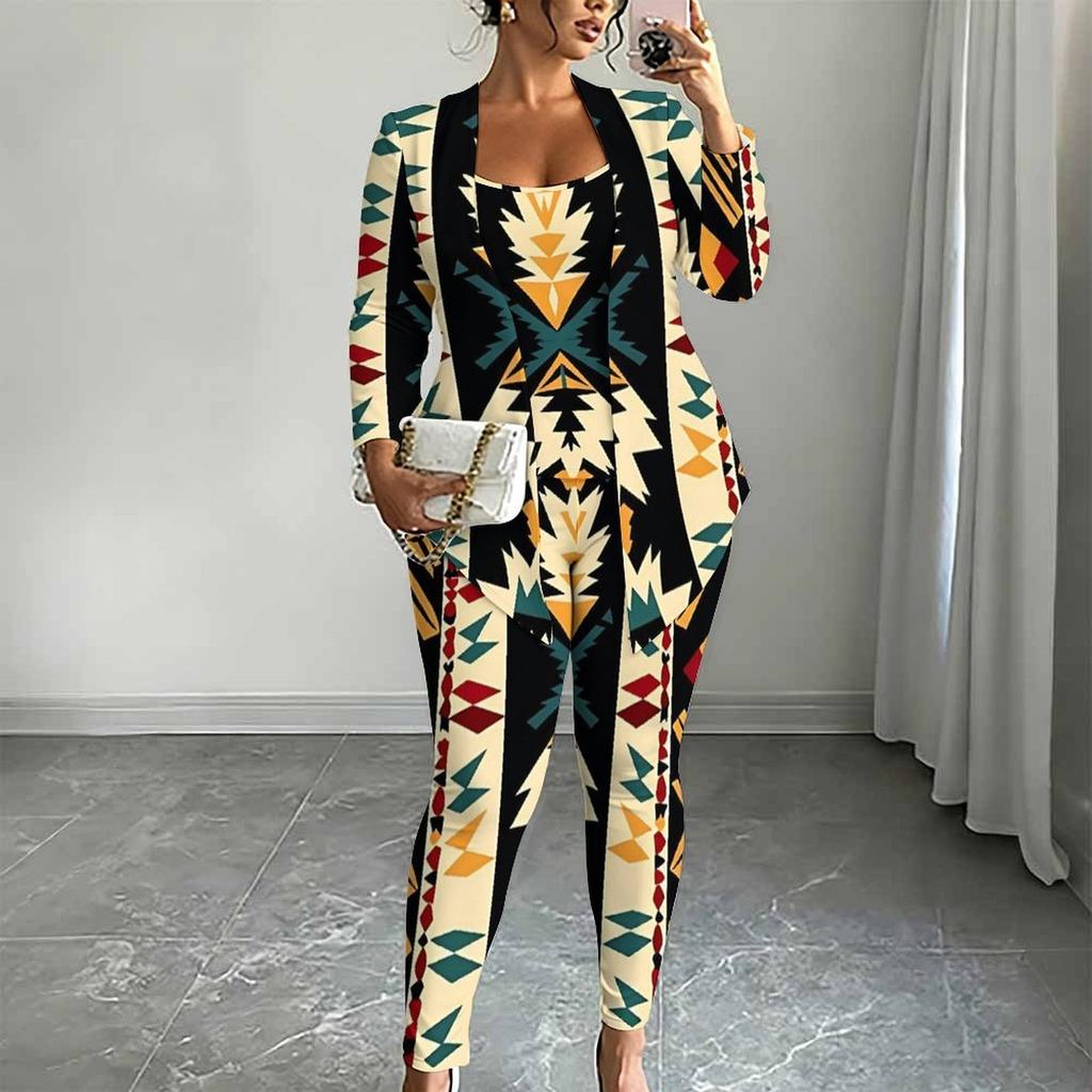 Plus Size Geometric Pattern Print 3 Piece Outfit, Long Sleeve Open Front Cardigan Cami Top Leggings Set for Women