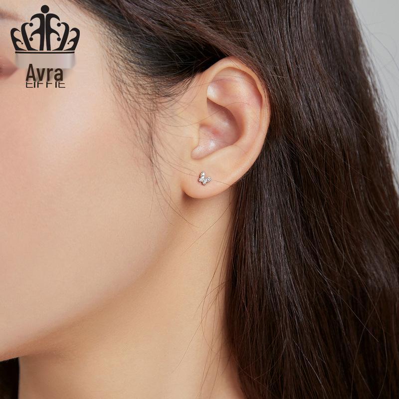Sterling Silver S925 Simple Butterfly Earrings with White Gold Plated Zircon