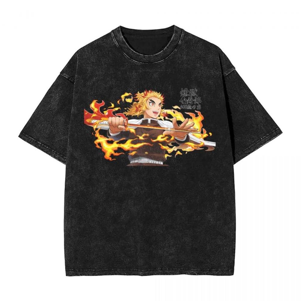 T-shirt Graphique Homme Demon Slayer Rengoku Kyoujurou Coton Street Washed Oversized