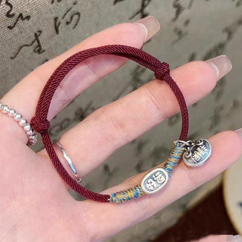 

Браслет из чистого серебра с красным шнурком на удачу - Женский ретро национальный стиль модные украшения подарок Pure Silver