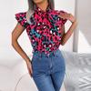 Damen-Bluse für Frühling und Sommer, Freizeit, Leopardenmuster, Holzohren, Schnürung, Chiffon-Oberteil, Schleife, fliegende Ärmel