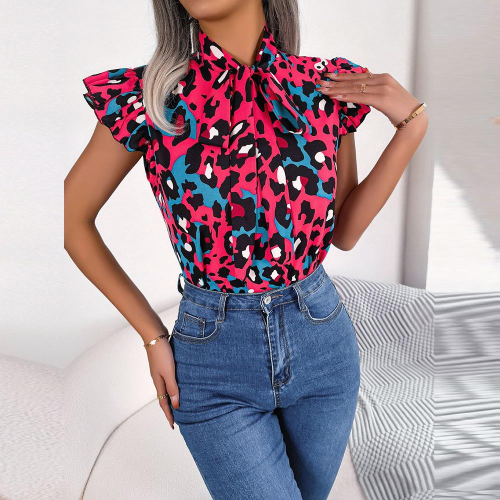 Damen-Bluse für Frühling und Sommer, Freizeit, Leopardenmuster, Holzohren, Schnürung, Chiffon-Oberteil, Schleife, fliegende Ärmel