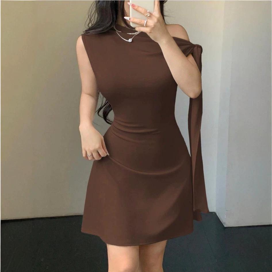 European and American women's clothing fashion Spice Girls new solid color single shoulder sleeveless splicing straps hip wrap short dress women