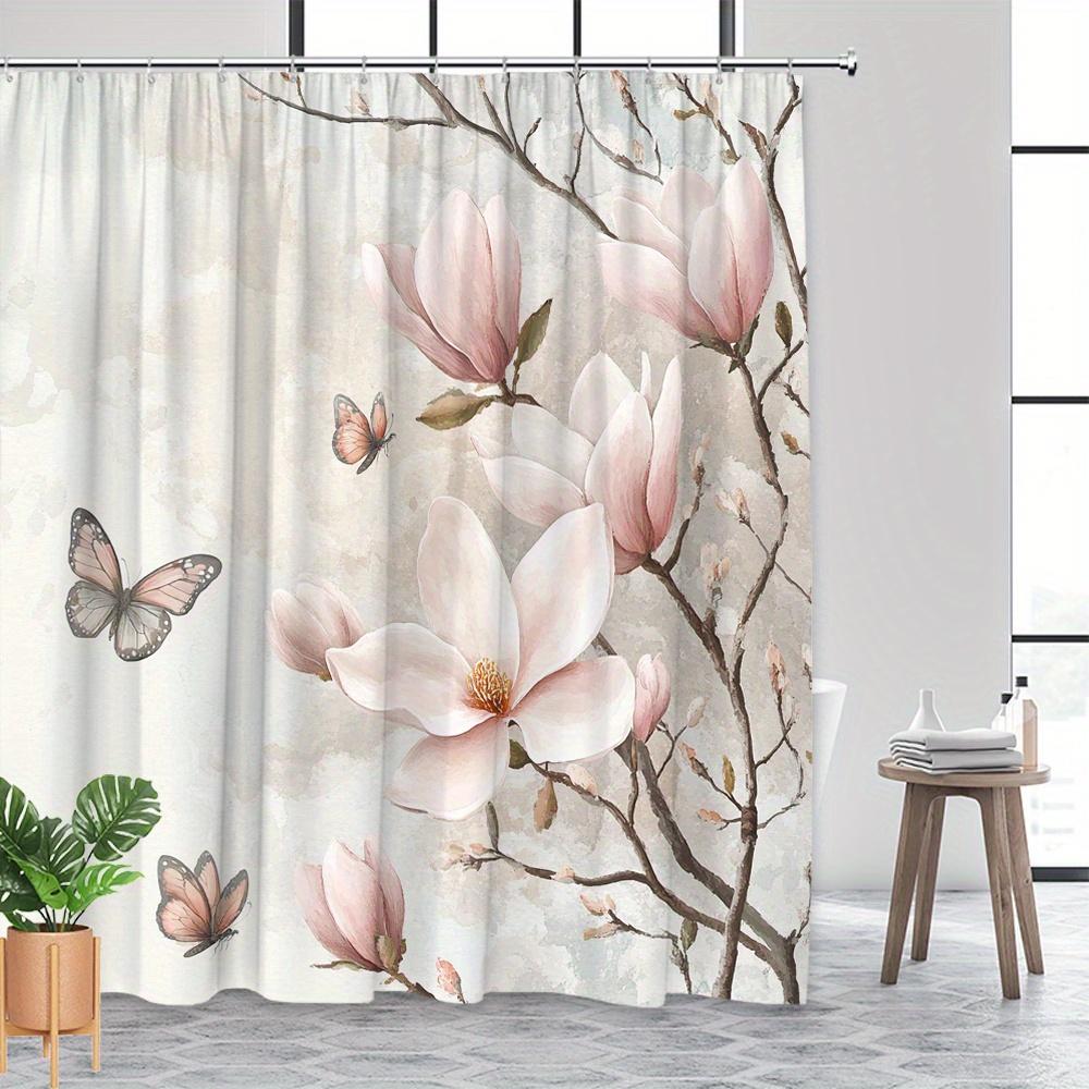 Tenda da Doccia Fiore di Magnolia Farfalle Rosa Stampa Botanica Decorazione Bagno Elegante Design Floreale Tenda da Bagno Impermeabile