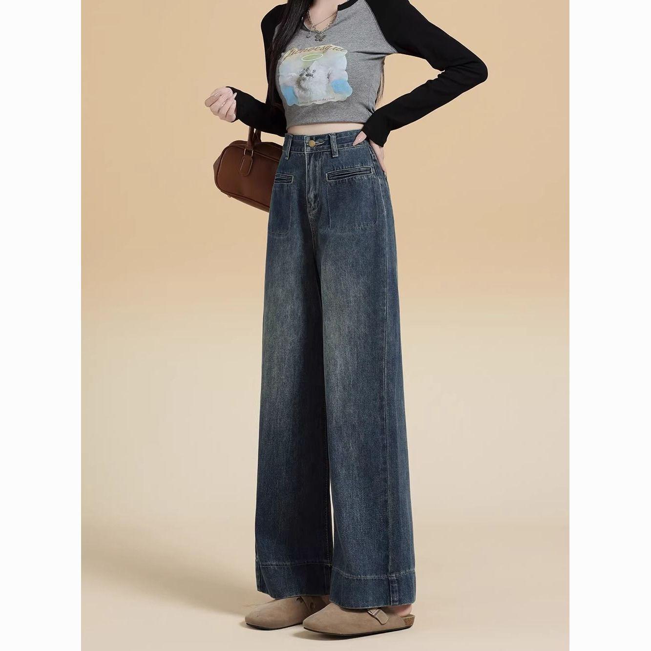 

Женские ретро джинсы широкого кроя Осень/Зима 2025: Плюс Вельвет, С высокой талией, Свободный, Стройнящий, Маленький Прямой крой S (80-97 jin)