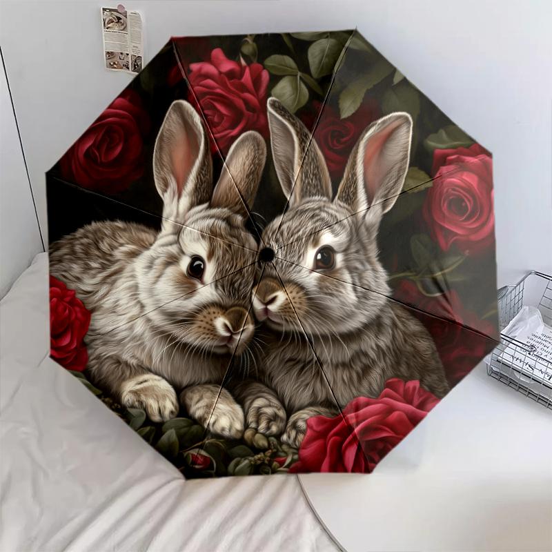 Rabbit and Flowers pattern, automatic folding umbrella, portable and foldable design, 8 ribs, a Christmas or birthday gift.
