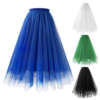 Women Mesh Gauze Skirt Elastic High Waist Pleated A-line Skirt Solid Color Maxi Tulle Skirt Prom Clothes