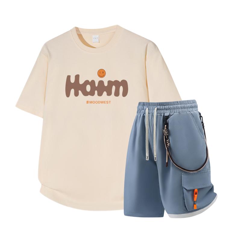 Dmo Men's Short Sleeved Set Summer Short Sleeved Slim Fit Upper Garment Men's Two-piece Set