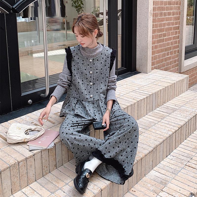 Damesett i koreansk stil med grå polkadotter, tredelt vestdrakt - Elegant høst/vinter moden stil