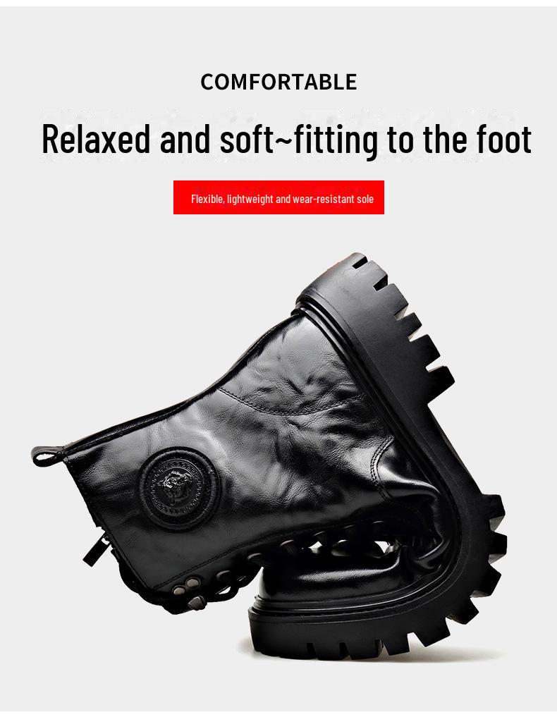 Men's Trendy Wool-Lined Cowhide High-Top Martin Boots with Side Zipper - Casual and Warm.