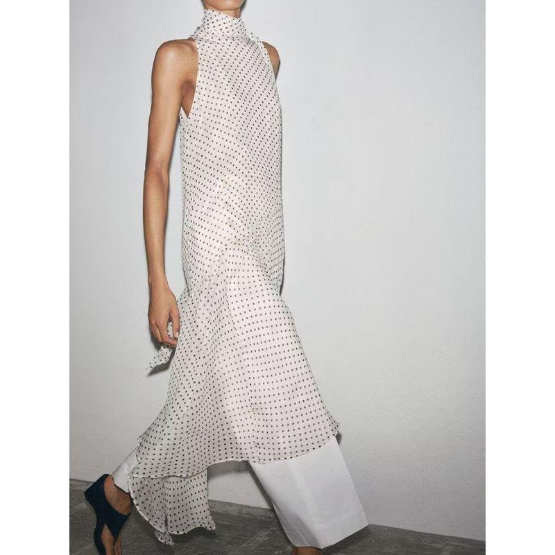 Za2025 Summer New Product Women's Clothes Elegant Comfortable Sleeveless Open Back Polka Dot Hanging Collar Dress 5289042