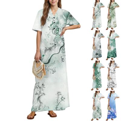 Damenmode Bedrucktes Nachthemd Hauskleidung Kurzarm-Nachthemd mit Taschen Langes Kleid