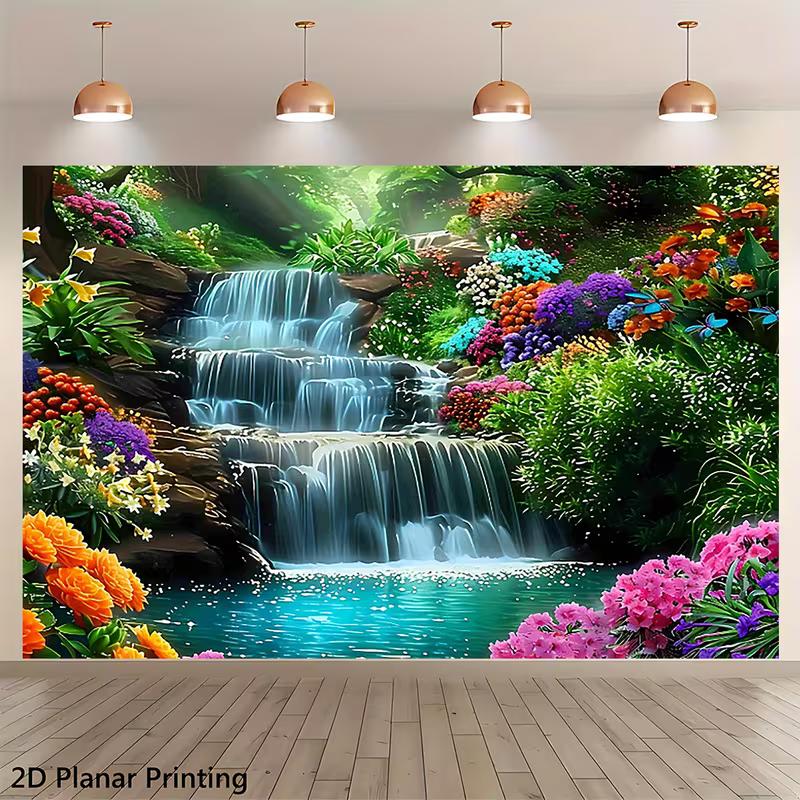 2D Tropisches Wasserfall Banner, Blumenwald Kulisse für Außen- & Gartendekoration