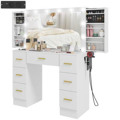 Mesa de Maquiagem com Espelho e 12 Luzes LED, Toucador com 7 Gavetas, 6 Compartimentos de Armazenamento Ocultos, Aglomerado, Branco
