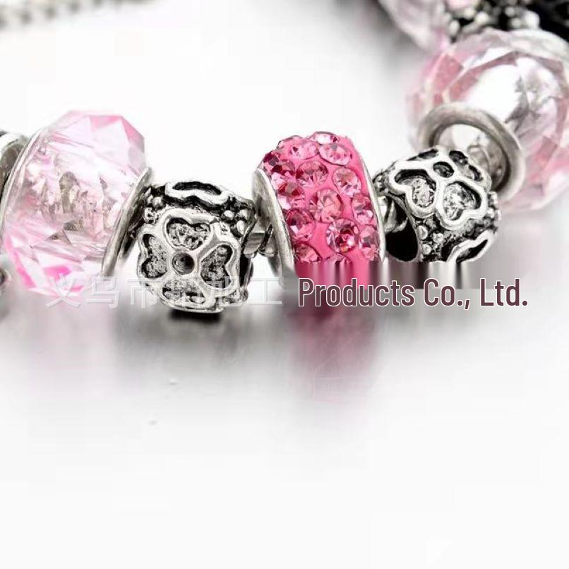 DIY Pink Crystal Bead Pendant with Inlaid Diamond for Bracelets - Christmas Gift