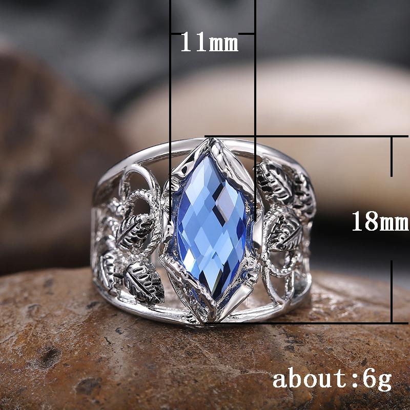 Huitan Fashion Wide Women Ring for Party Daily Wearable Zircon Noble Rhombus Cut Blue Horse Eye Drill Stone Hollow Leaf  Rings