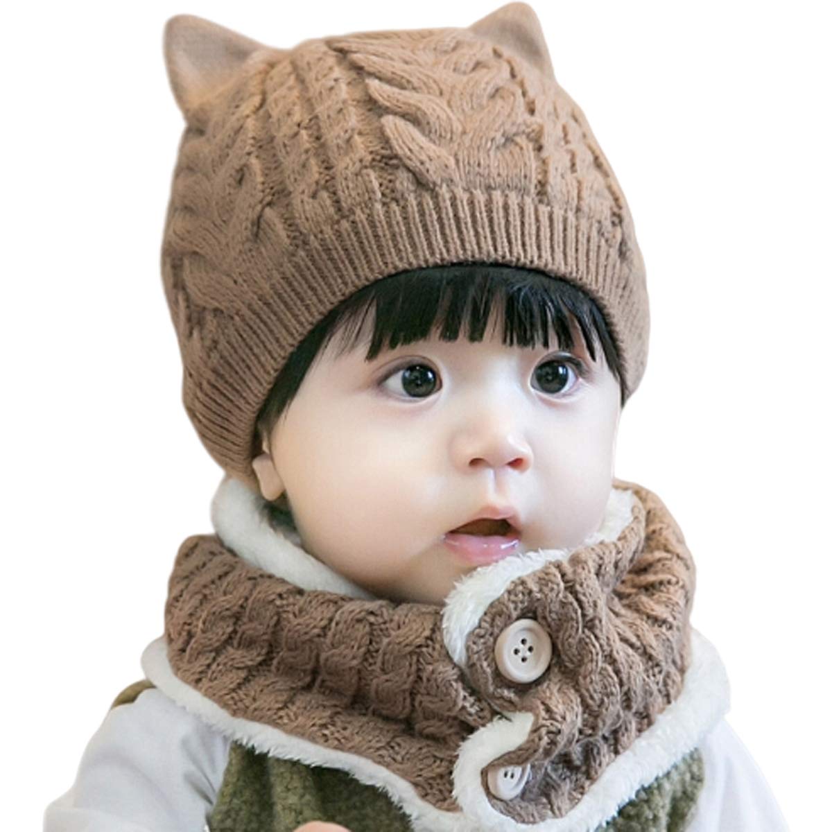 

miaotti Baby Knit Hat and Neck Warmer Set for with Cold One Size Fits All Ages Newborns, Winter, Ears, Protection, 0-2 (Brown)