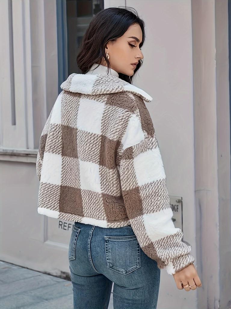 Plaid Pattern Button Front Teddy Coat All-match Long-sleeved Winter Warm Jacket Women's Clothing