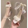 Fashion Women's Comfort Shoes Block Shaped High Heel Pearl Sandals Mediterranean Set Women's Beige Full Set Thick 2024